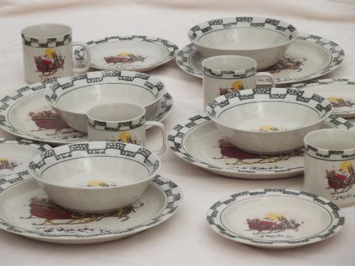 photo of Christmas china set w/ Santa in sleigh, holiday stoneware dishes for 4 #1