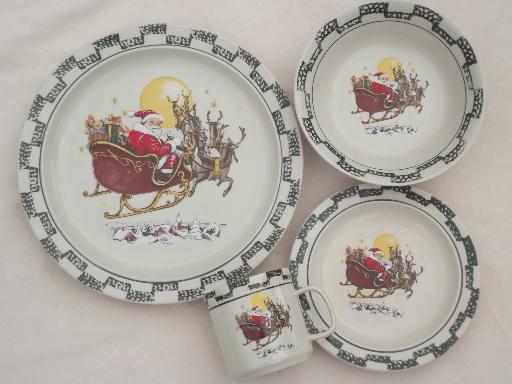 photo of Christmas china set w/ Santa in sleigh, holiday stoneware dishes for 4 #3