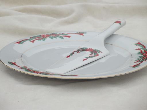 photo of Christmas dishes fine china Poinsettia & Ribbons round cake platter set plate & server #1