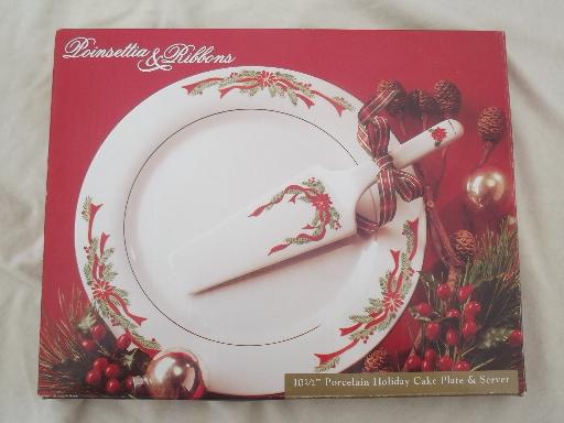 photo of Christmas dishes fine china Poinsettia & Ribbons round cake platter set plate & server #7