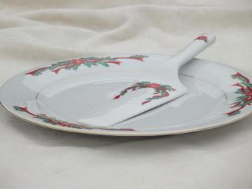 catalog photo of Christmas dishes fine china Poinsettia & Ribbons round cake platter set plate & server