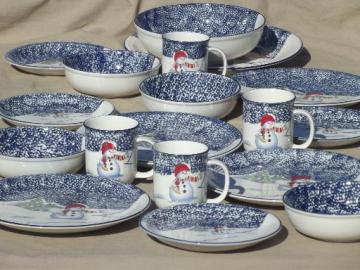 catalog photo of Christmas dishes set for 4, Thompson China winter snowmen spongeware