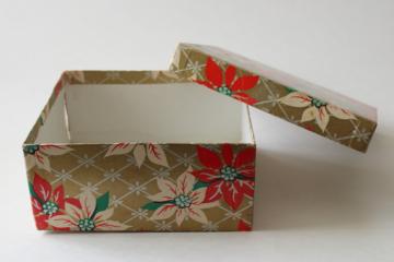 Christmas gift box, 1930s 40s vintage gift wrap, poinsettia printed cardboard box w/ lid 