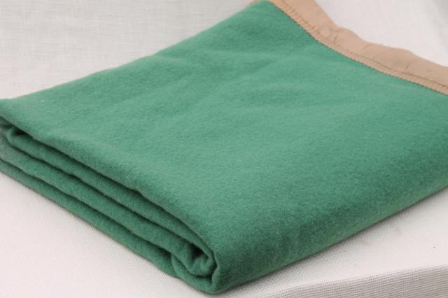 photo of Christmas green wool blanket, 1950s vintage twin / full warm wooly bed blanket #1