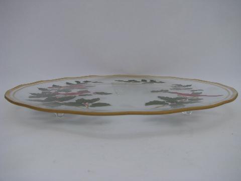 photo of Christmas holiday footed cake plate, red cardinal birds on clear glass #2