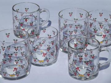 catalog photo of Christmas holly and goose glass mugs, old-fashioned glasses, tall tumblers