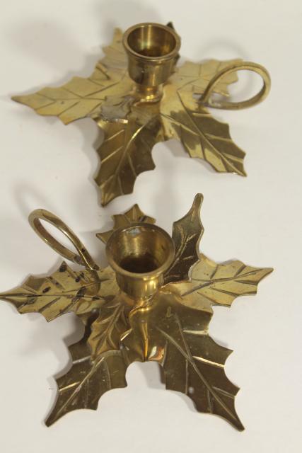 photo of Christmas holly solid brass holiday candle holders, finger ring chamber candlesticks #1