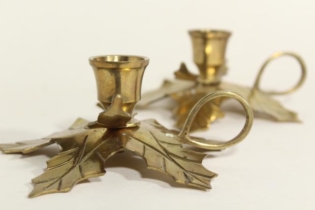 photo of Christmas holly solid brass holiday candle holders, finger ring chamber candlesticks #3