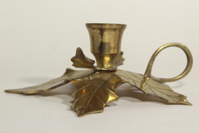 photo of Christmas holly solid brass holiday candle holders, finger ring chamber candlesticks #4