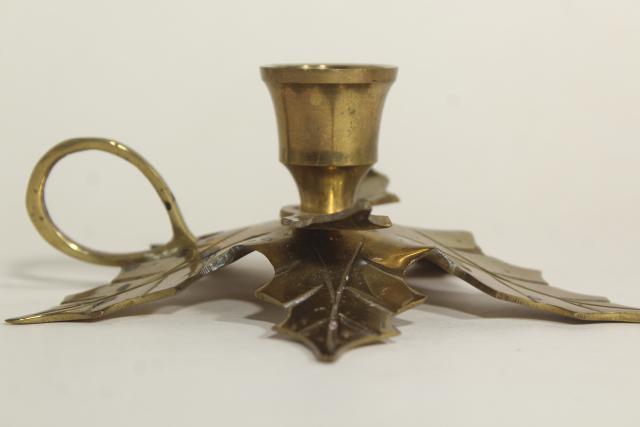 photo of Christmas holly solid brass holiday candle holders, finger ring chamber candlesticks #5