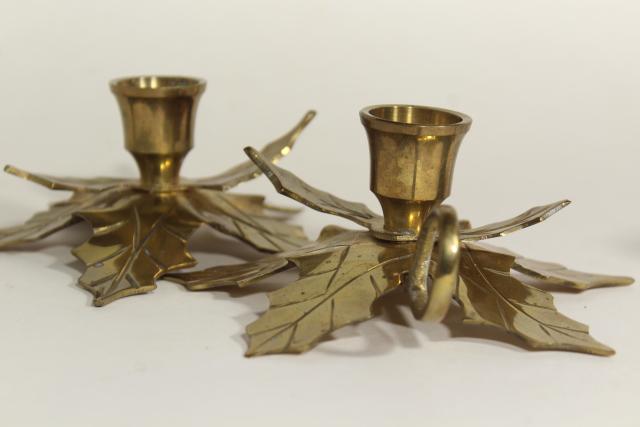 photo of Christmas holly solid brass holiday candle holders, finger ring chamber candlesticks #9