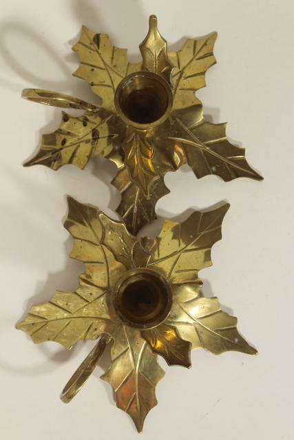 photo of Christmas holly solid brass holiday candle holders, finger ring chamber candlesticks #10