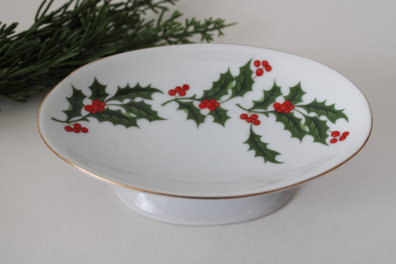 photo of Christmas holly vintage Japan china soap dish, white ceramic w/ green & red print #2