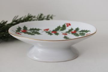 catalog photo of Christmas holly vintage Japan china soap dish, white ceramic w/ green & red print 