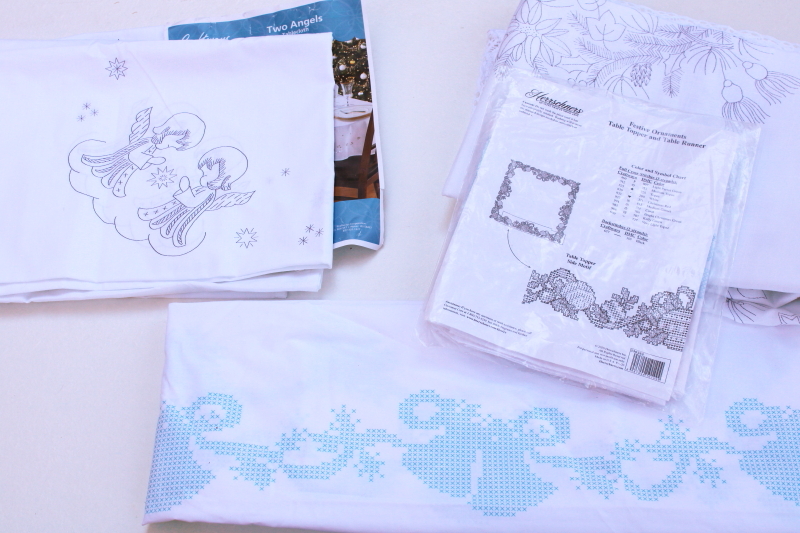 photo of Christmas linens stamped to embroider, holiday tablecloths & runner for cross stitch & embroidery #1