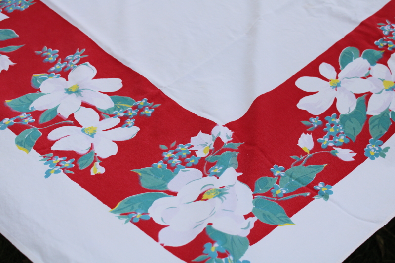 photo of Christmas magnolias print vintage cotton tablecloth, red border w/ green & white flowers #2