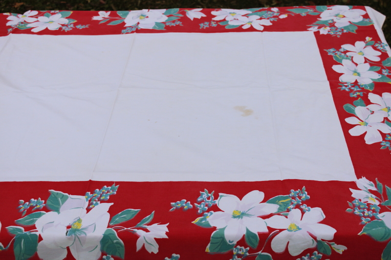 photo of Christmas magnolias print vintage cotton tablecloth, red border w/ green & white flowers #4