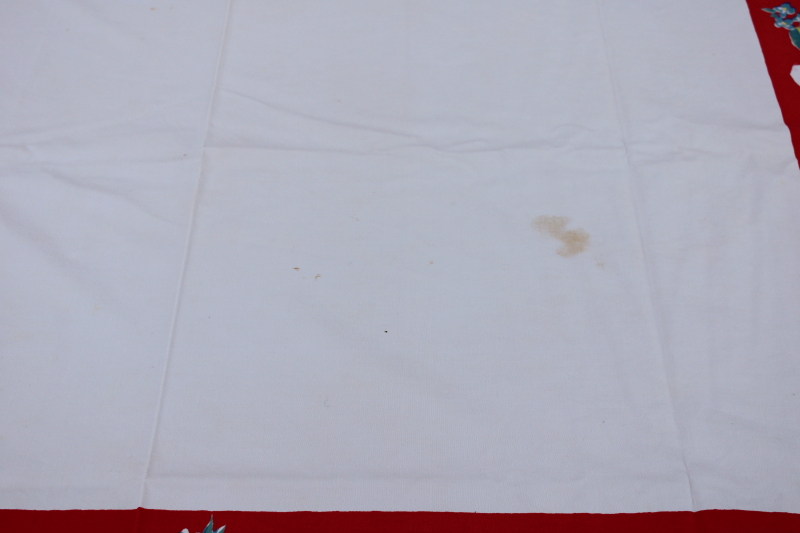 photo of Christmas magnolias print vintage cotton tablecloth, red border w/ green & white flowers #5
