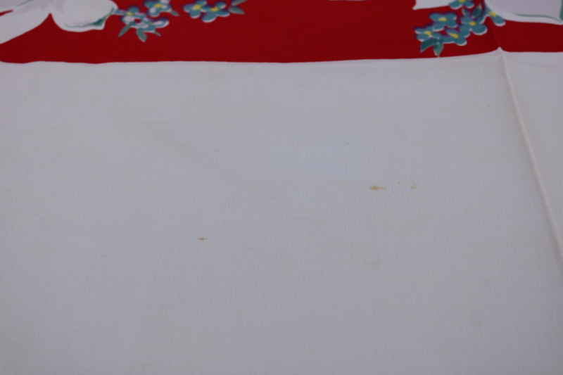 photo of Christmas magnolias print vintage cotton tablecloth, red border w/ green & white flowers #6