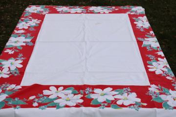 catalog photo of Christmas magnolias print vintage cotton tablecloth, red border w/ green & white flowers 