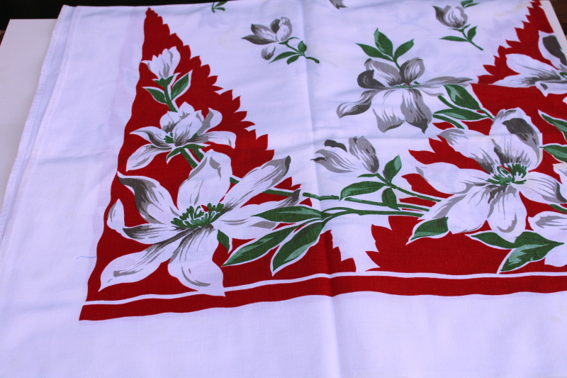 photo of Christmas magnolias red & white print cotton tablecloth, mid century modern vintage  #1