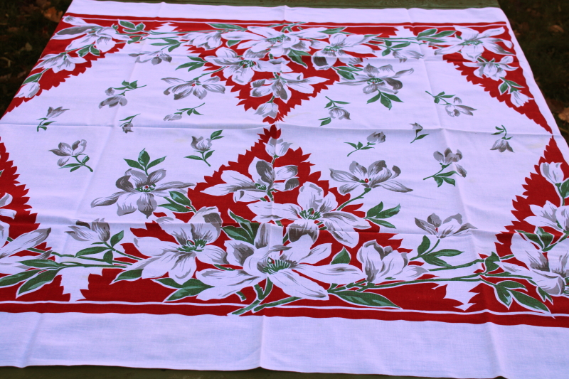 photo of Christmas magnolias red & white print cotton tablecloth, mid century modern vintage #2
