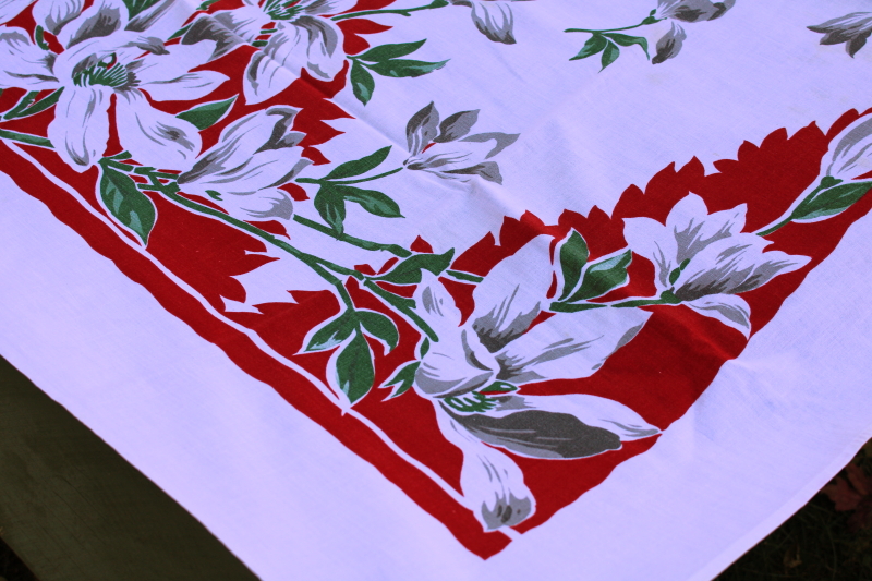 photo of Christmas magnolias red & white print cotton tablecloth, mid century modern vintage #3