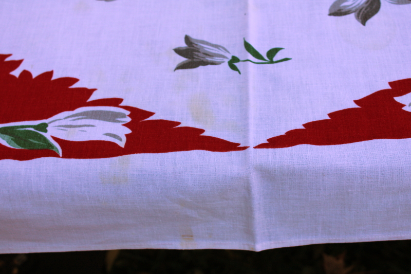 photo of Christmas magnolias red & white print cotton tablecloth, mid century modern vintage #4