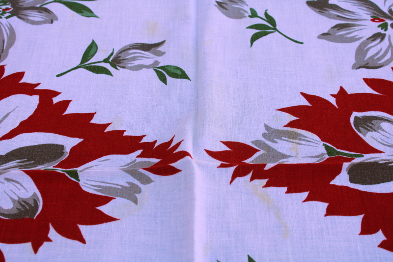 photo of Christmas magnolias red & white print cotton tablecloth, mid century modern vintage #5