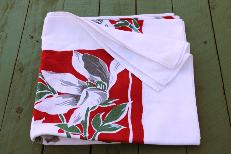 photo of Christmas magnolias red & white print cotton tablecloth, mid century modern vintage #6