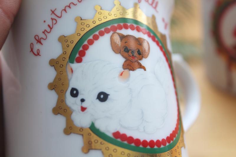 photo of Christmas mice vintage Japan ceramic mugs, George Good big eyed mouse & kitty coffee cups #2