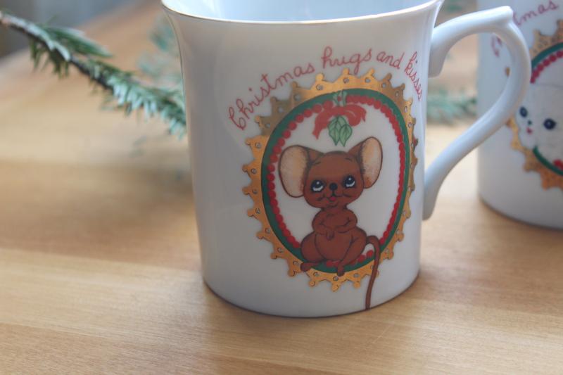 photo of Christmas mice vintage Japan ceramic mugs, George Good big eyed mouse & kitty coffee cups #5