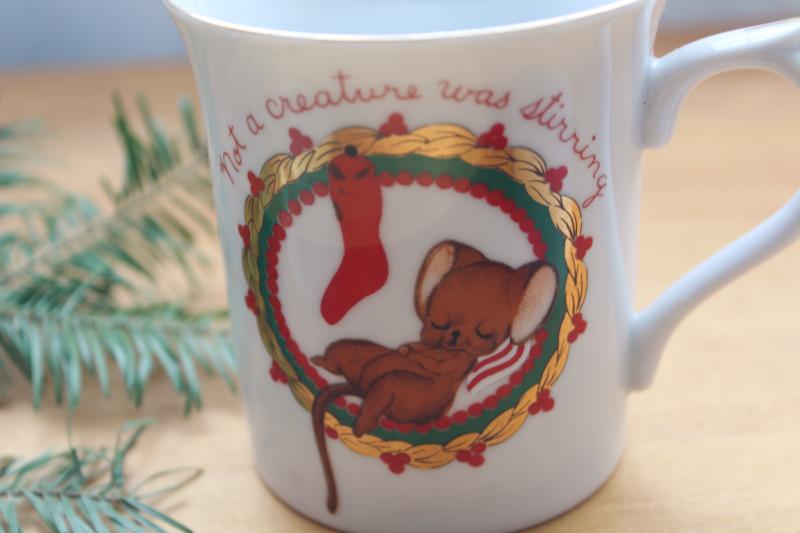 photo of Christmas mice vintage Japan ceramic mugs, George Good big eyed mouse & kitty coffee cups #8