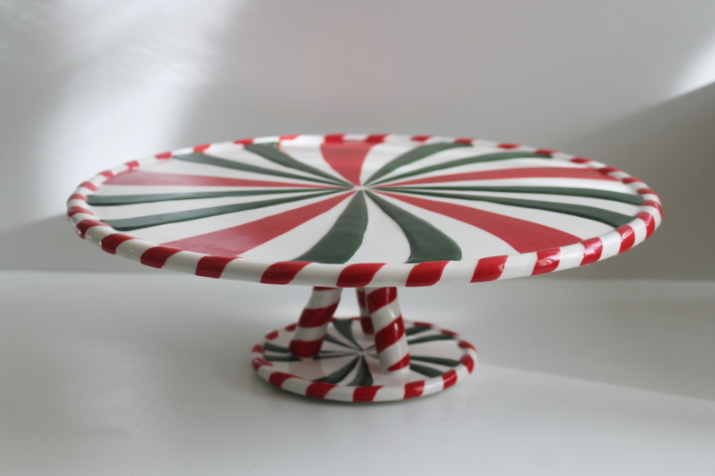 photo of Christmas peppermint striped candy cane cake stand, F&F style painted ceramic New Debco  #1