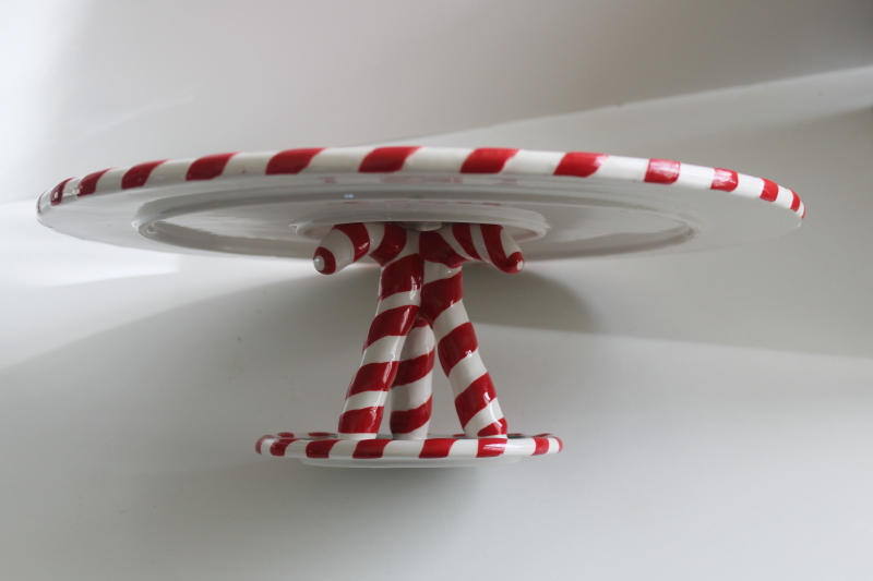 photo of Christmas peppermint striped candy cane cake stand, F&F style painted ceramic New Debco  #2