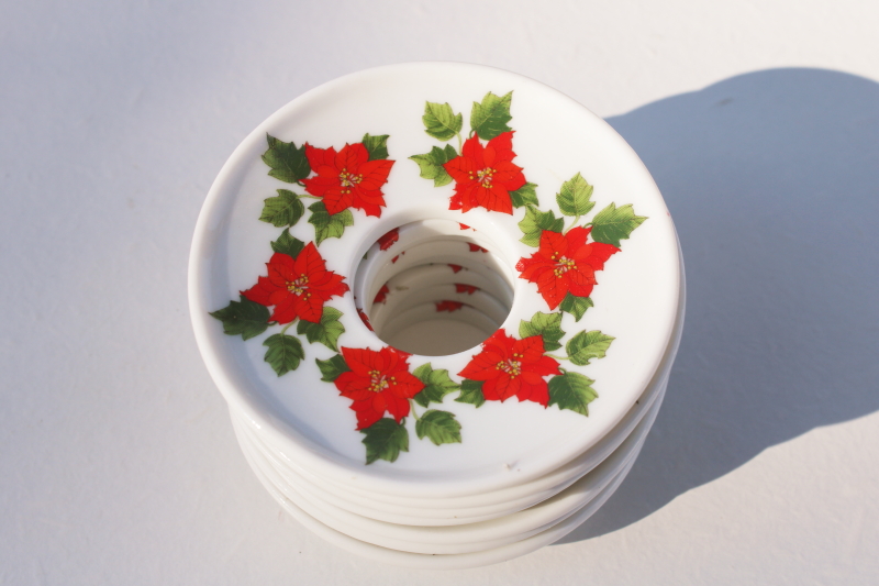 photo of Christmas poinsettias white china bobeches, set of 8 drip rings for wax taper candles #4