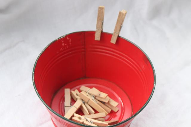 photo of Christmas red & green tiny vintage tin toy wash tub & doll size wood clothespins #5