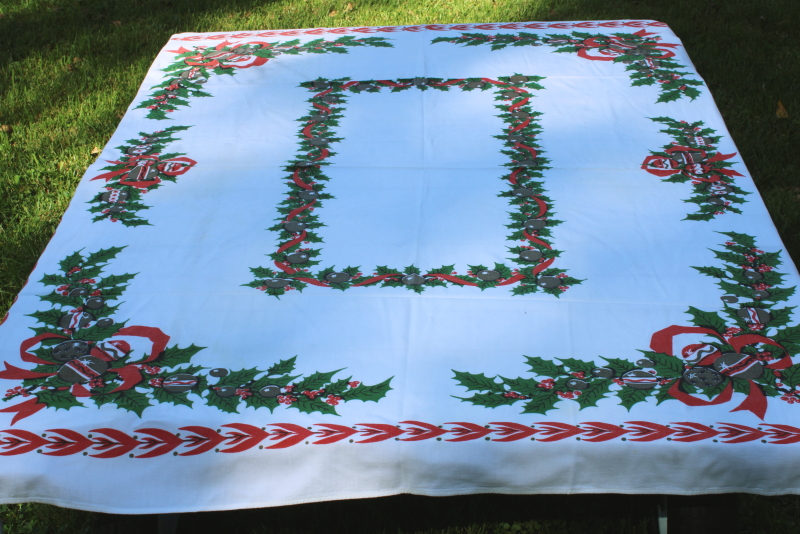 photo of Christmas tablecloth MCM vintage cotton rayon table cloth holiday print holly & jingle bells  #1