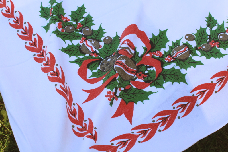 photo of Christmas tablecloth MCM vintage cotton rayon table cloth holiday print holly & jingle bells #2