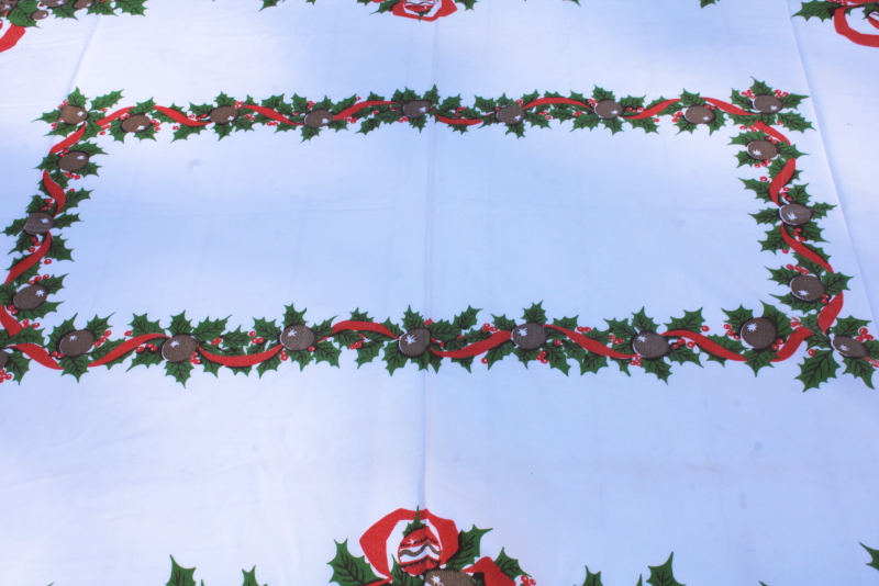 photo of Christmas tablecloth MCM vintage cotton rayon table cloth holiday print holly & jingle bells #3