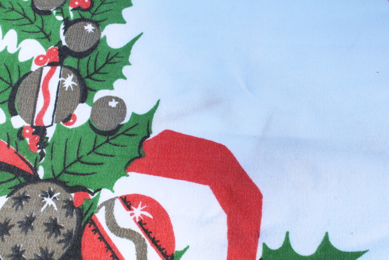 photo of Christmas tablecloth MCM vintage cotton rayon table cloth holiday print holly & jingle bells #4