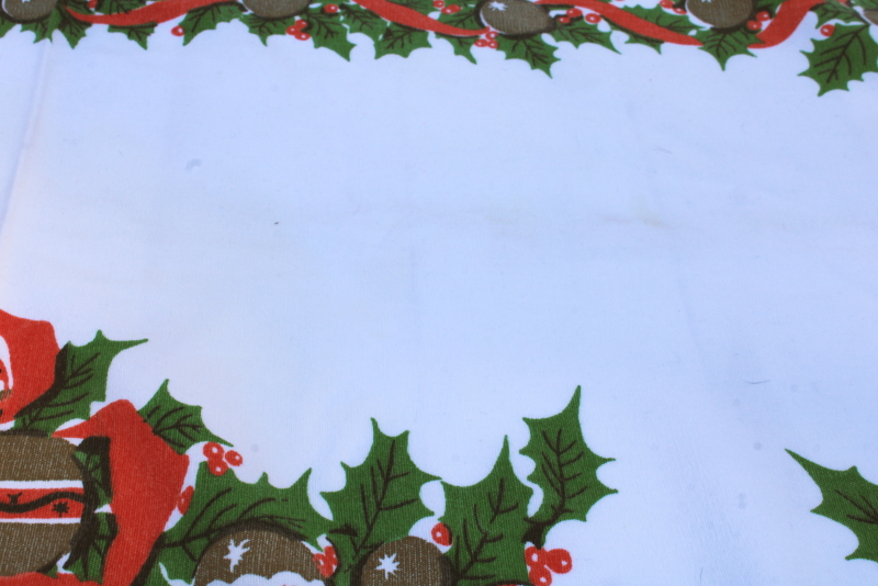 photo of Christmas tablecloth MCM vintage cotton rayon table cloth holiday print holly & jingle bells #5