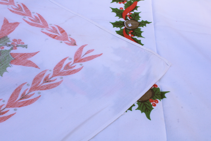 photo of Christmas tablecloth MCM vintage cotton rayon table cloth holiday print holly & jingle bells #6
