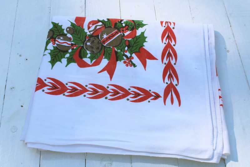 photo of Christmas tablecloth MCM vintage cotton rayon table cloth holiday print holly & jingle bells #7