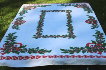 catalog photo of Christmas tablecloth MCM vintage cotton rayon table cloth holiday print holly & jingle bells 
