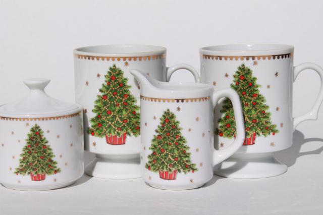 photo of Christmas tree china coffee mugs, cream & sugar set, Lorrie label vintage Japan #1