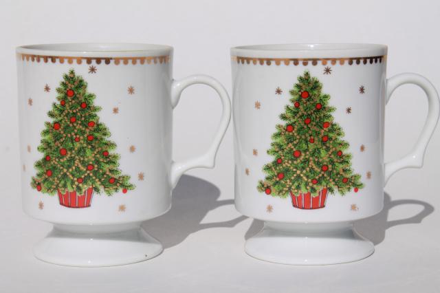 photo of Christmas tree china coffee mugs, cream & sugar set, Lorrie label vintage Japan #2