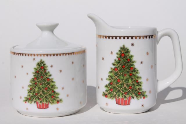 photo of Christmas tree china coffee mugs, cream & sugar set, Lorrie label vintage Japan #5