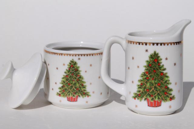 photo of Christmas tree china coffee mugs, cream & sugar set, Lorrie label vintage Japan #6