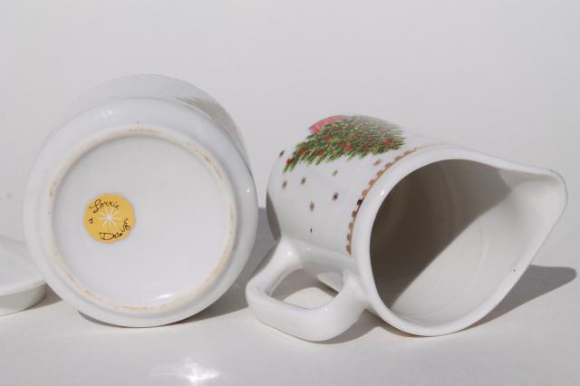 photo of Christmas tree china coffee mugs, cream & sugar set, Lorrie label vintage Japan #7